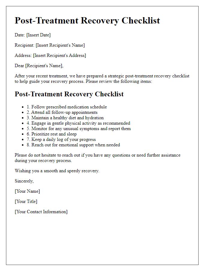 Letter template of a strategic post-treatment recovery checklist