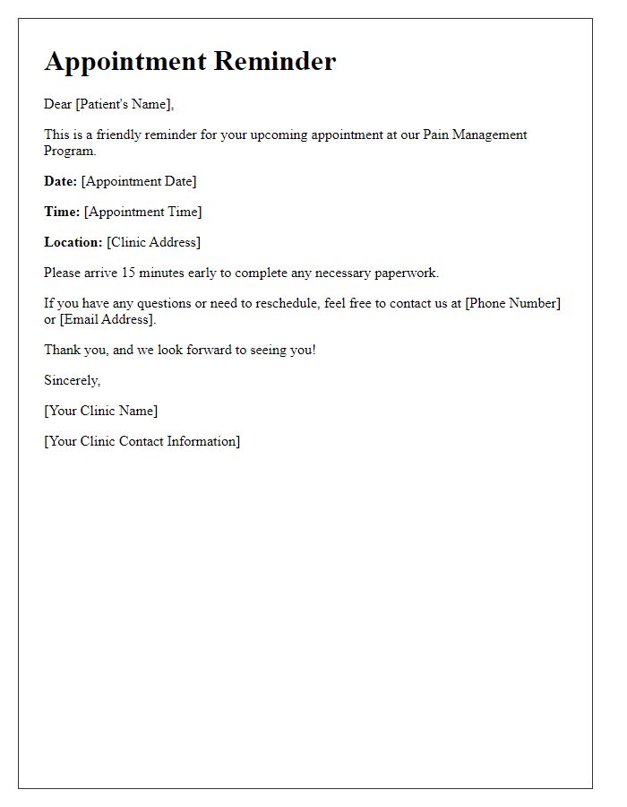 Letter template of pain management program appointment reminders