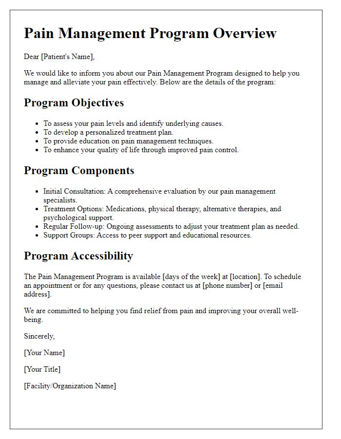 Letter template of pain management program details for patients