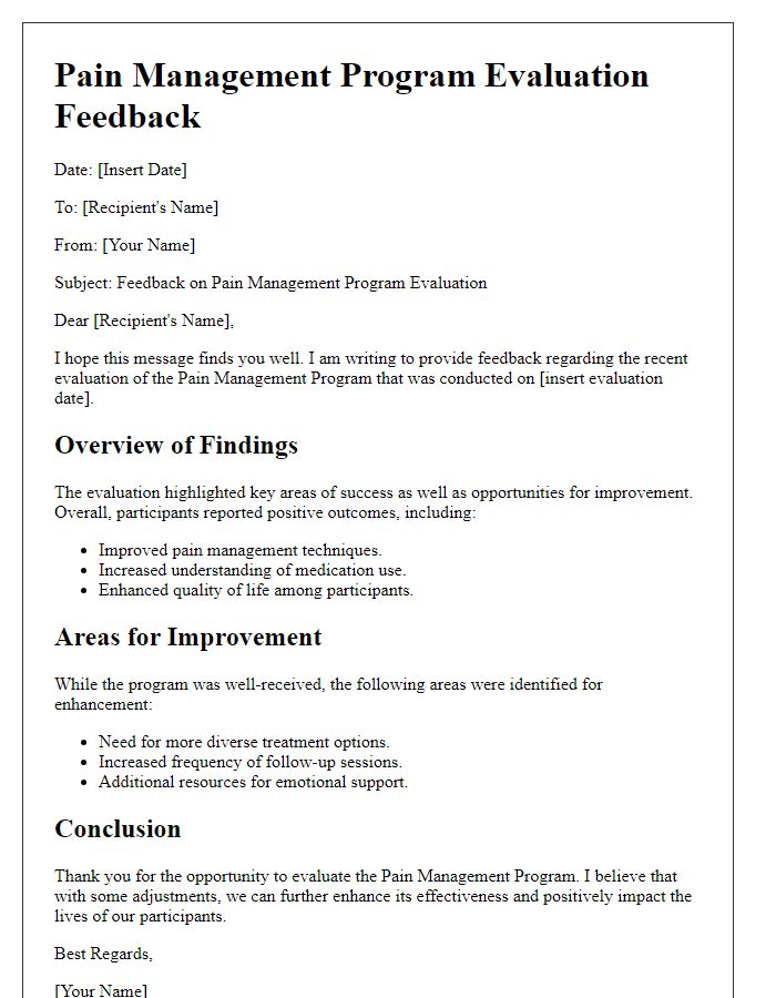 Letter template of pain management program evaluation feedback