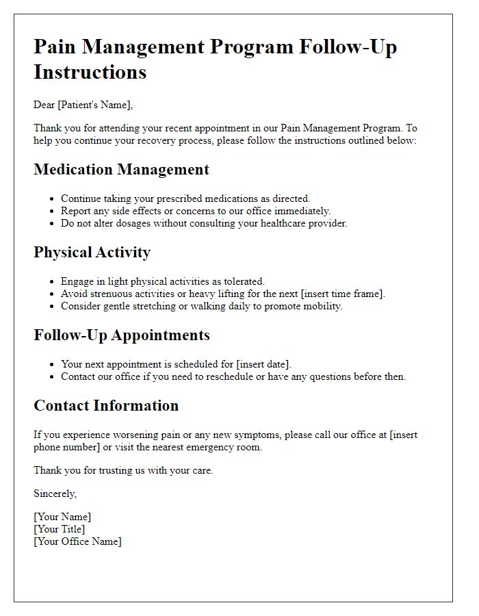 Letter template of pain management program follow-up instructions