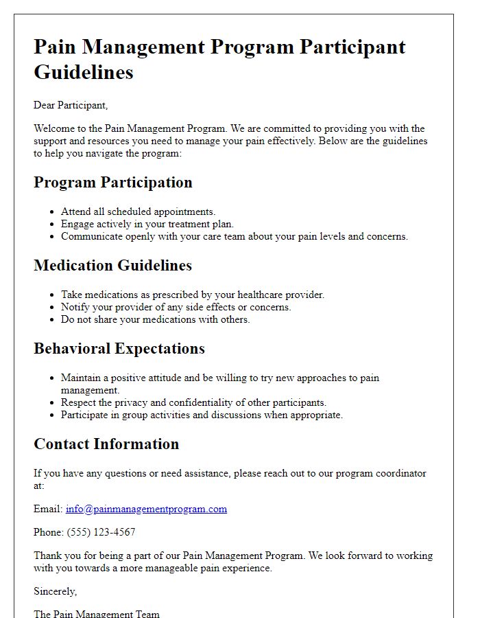 Letter template of pain management program participant guidelines