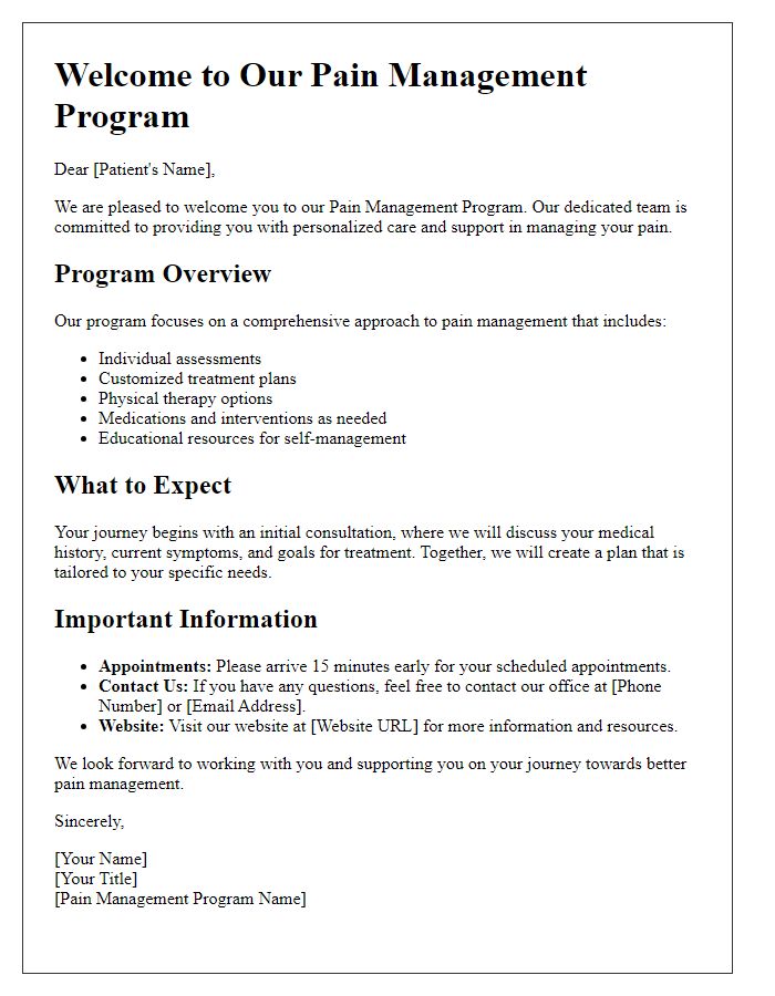 Letter template of pain management program welcome packet