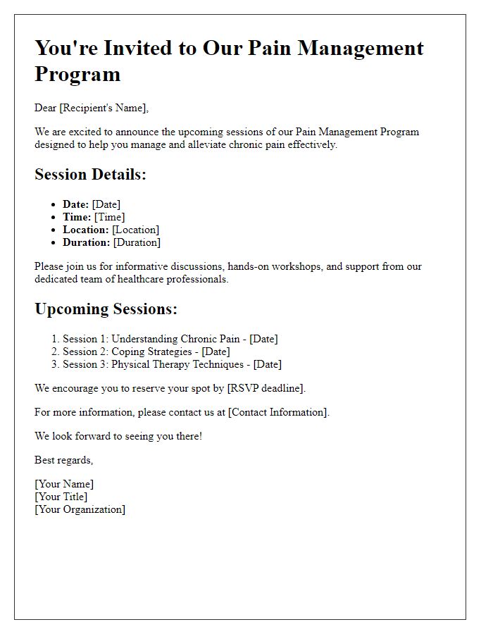 Letter template of upcoming pain management program sessions