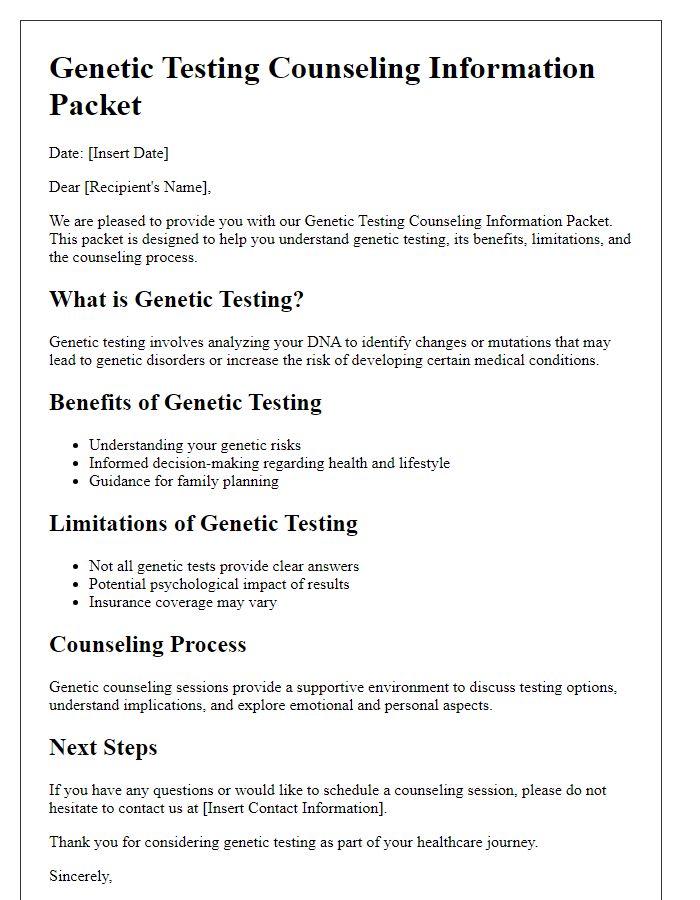 Letter template of Genetic Testing Counseling Information Packet