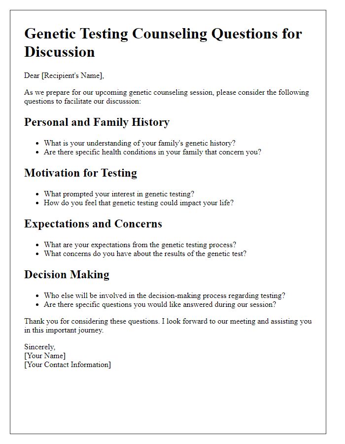 Letter template of Genetic Testing Counseling Questions for Discussion