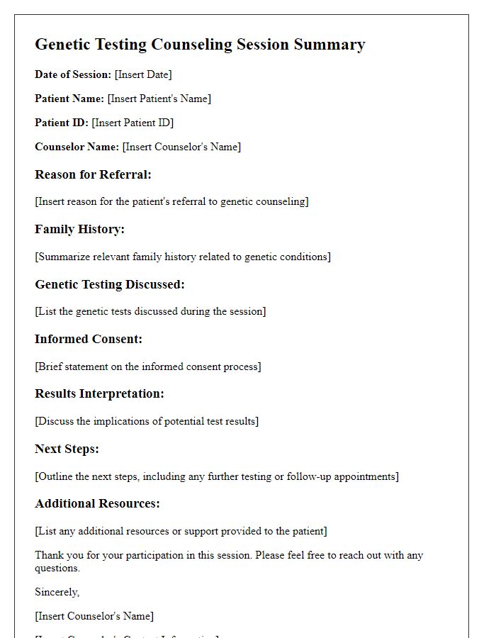 Letter template of Genetic Testing Counseling Session Summary