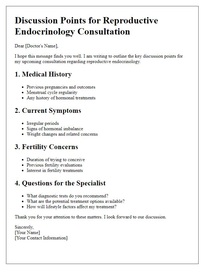 Letter template of discussion points for reproductive endocrinology consultation