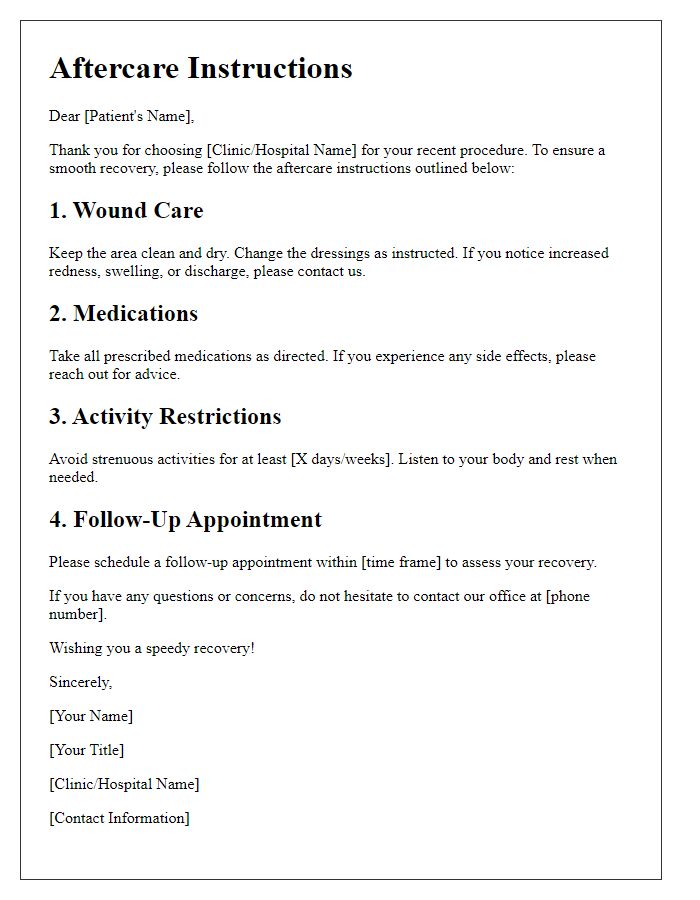 Letter template of aftercare instructions