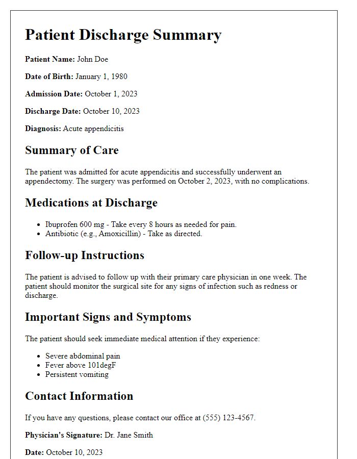 Letter template of patient discharge summary