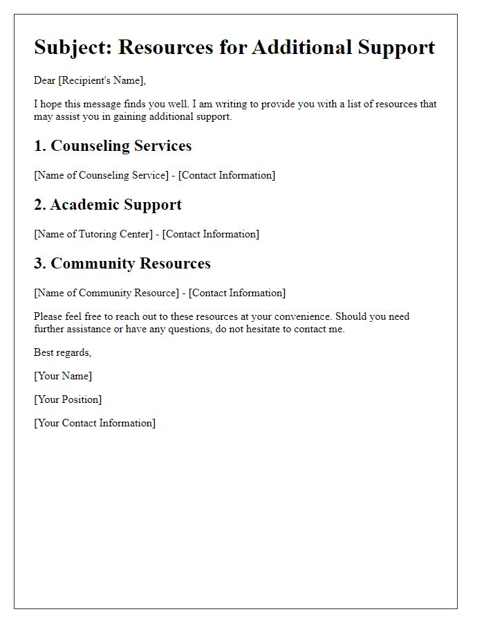 Letter template of resources for additional support