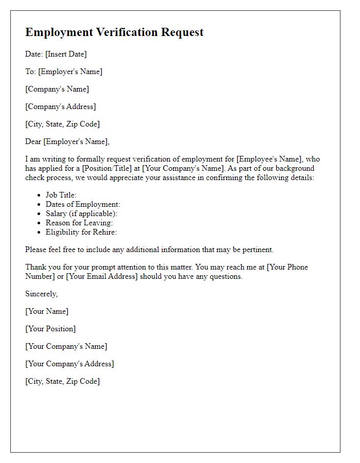 Letter template of employment verification request for background check