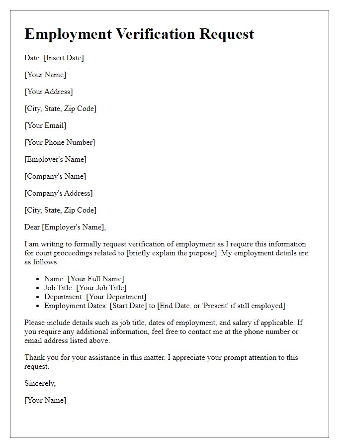 Letter template of employment verification request for court proceedings