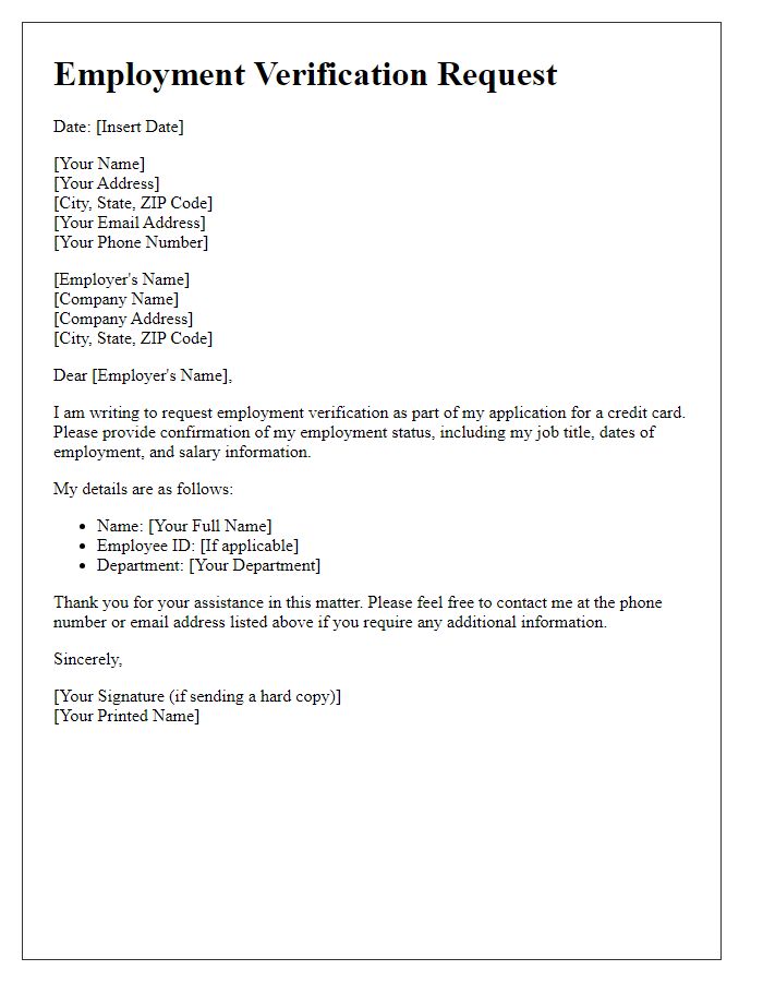 Letter template of employment verification request for credit card application