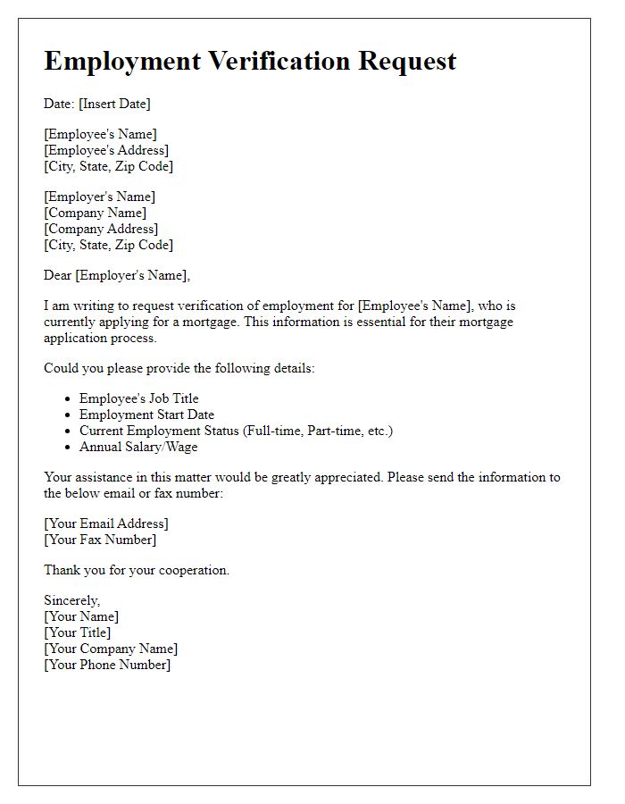 Letter template of employment verification request for mortgage application