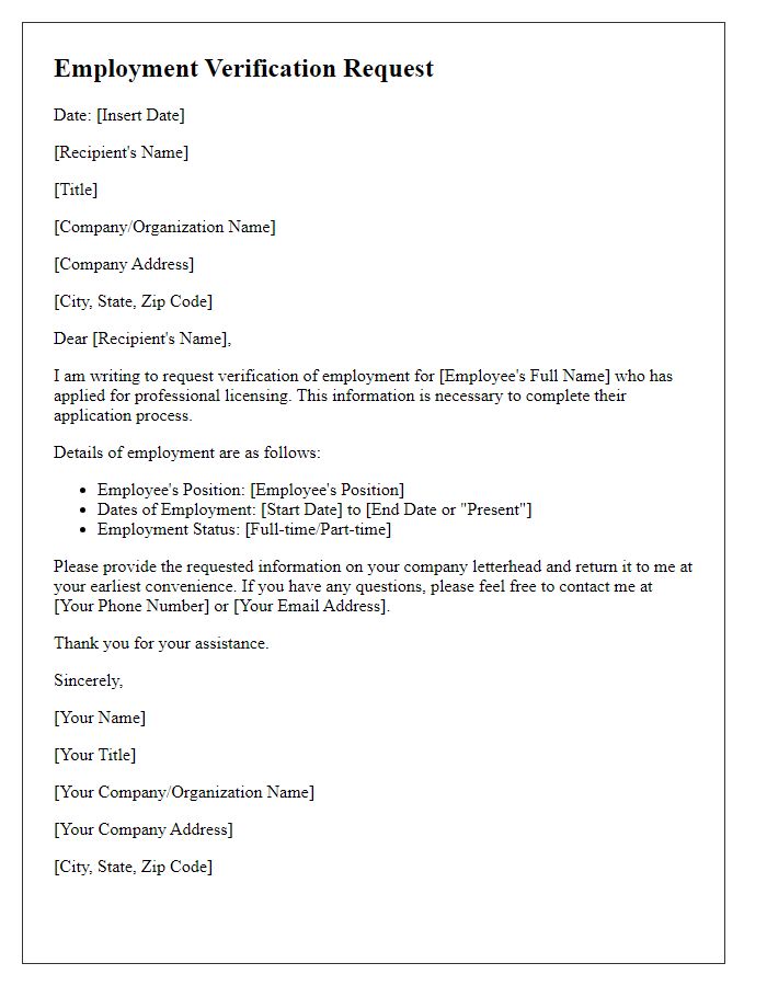 Letter template of employment verification request for professional licensing