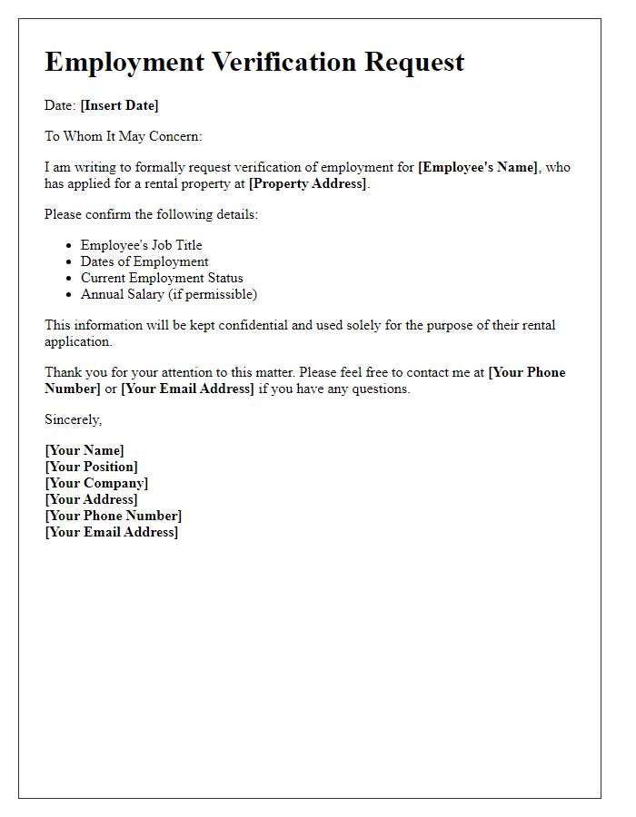 Letter template of employment verification request for rental application