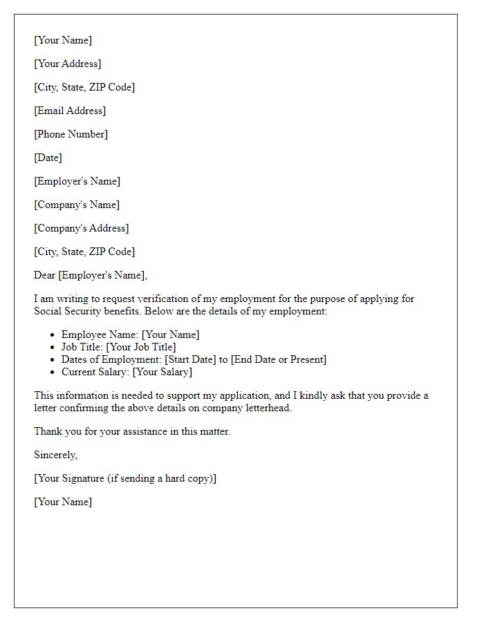 Letter template of employment verification request for social security benefits