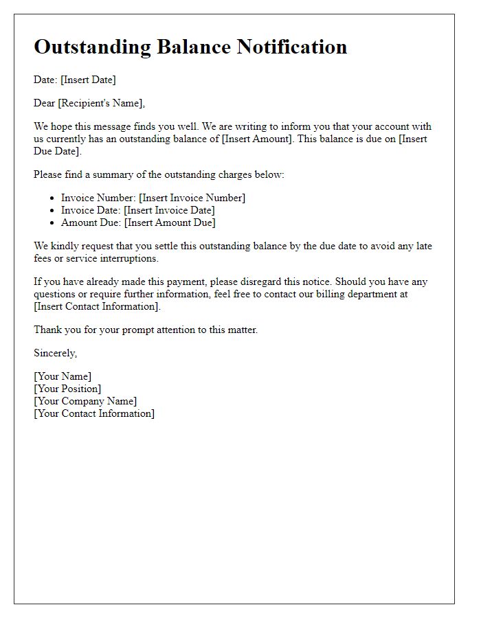 Letter template of Outstanding Balance Notification