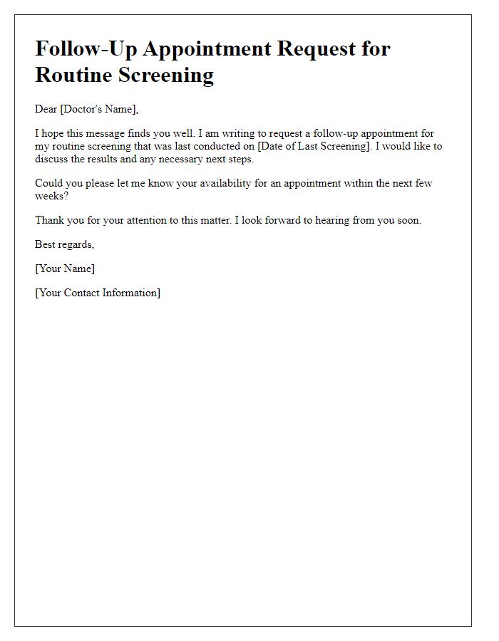 Letter template of follow-up appointment request for routine screening