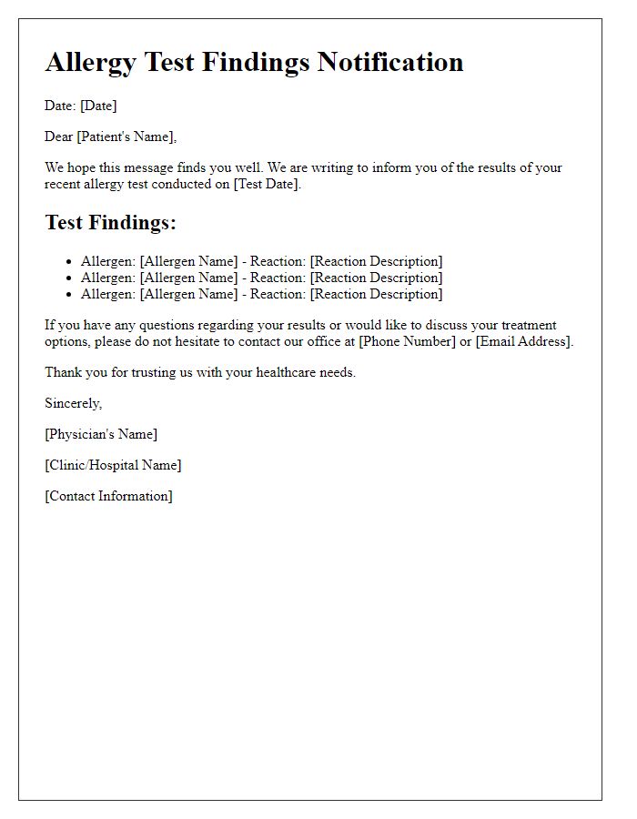 Letter template of allergy test findings notification.