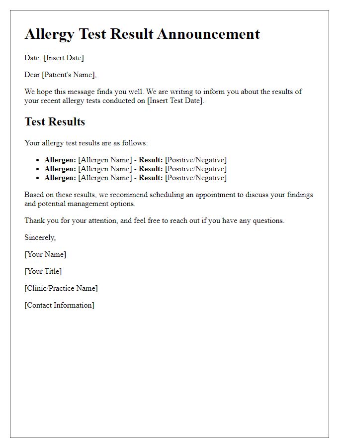 Letter template of allergy test result announcement.