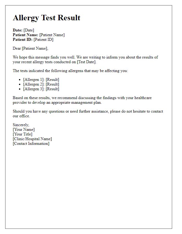 Letter template of allergy test result communication.