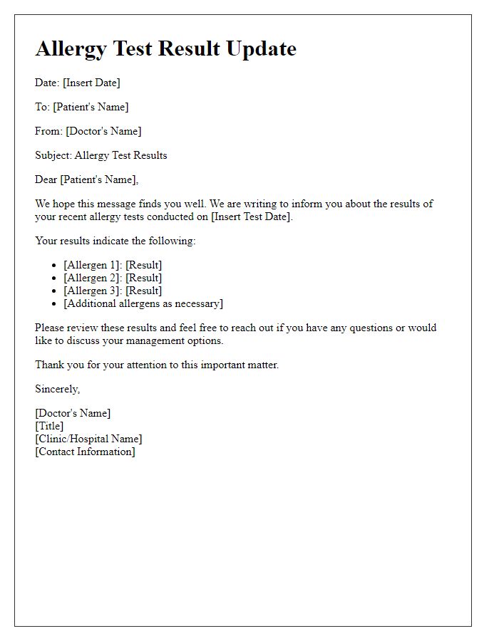 Letter template of allergy test result update.