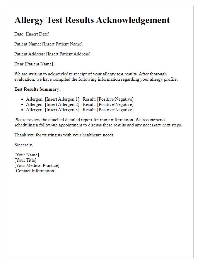 Letter template of allergy test results acknowledgement.