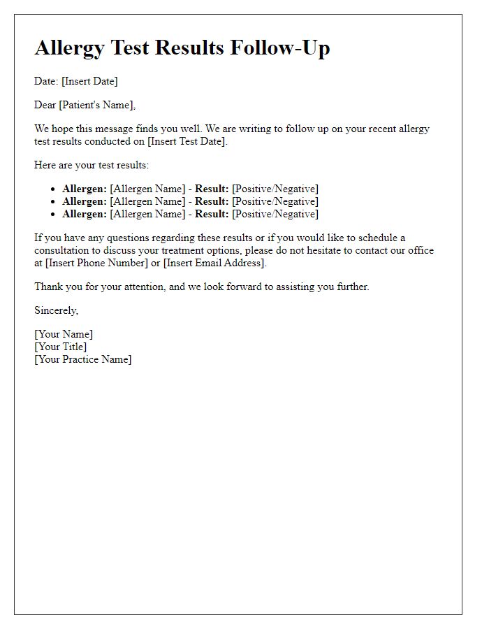 Letter template of allergy test results follow-up.