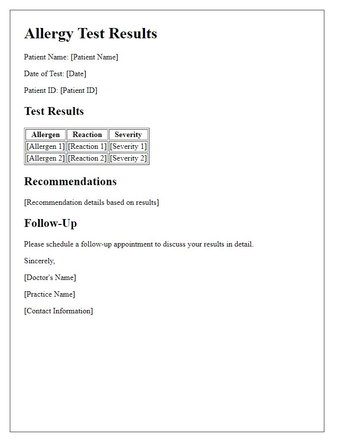 Letter template of allergy test results for patients.