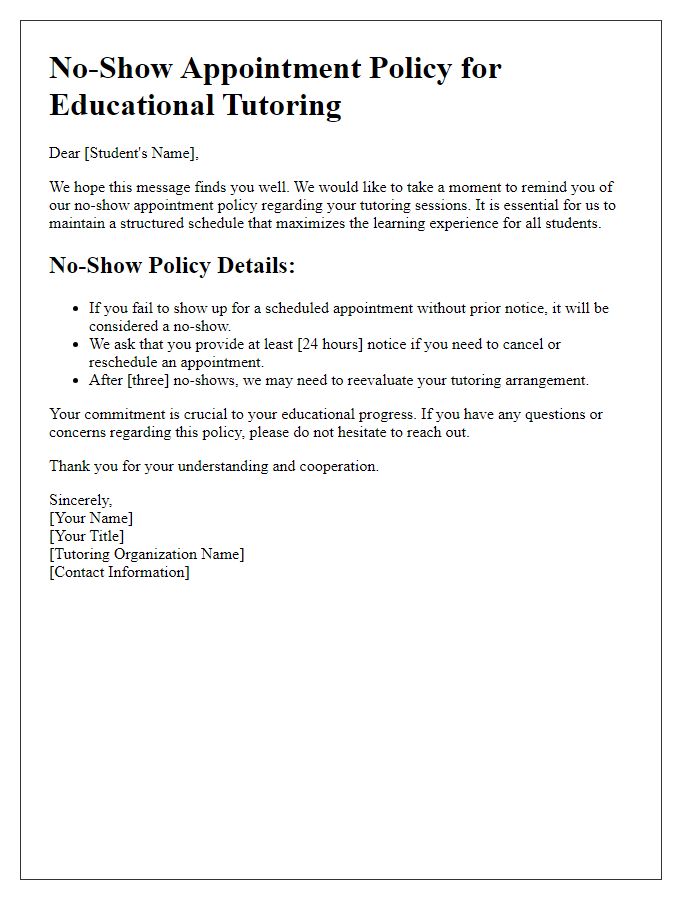 Letter template of no-show appointment policy for educational tutoring