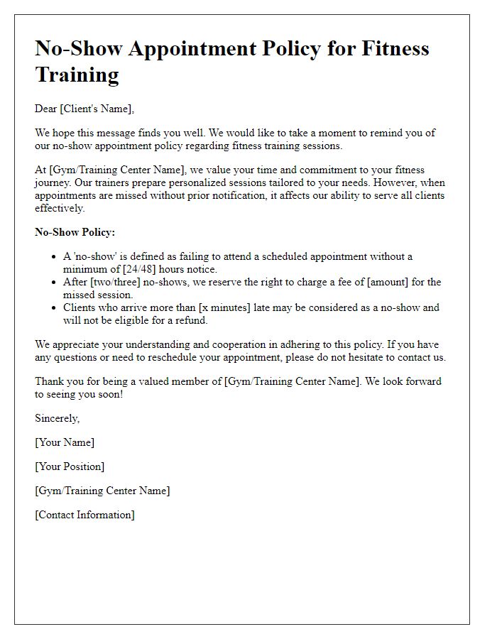 Letter template of no-show appointment policy for fitness training