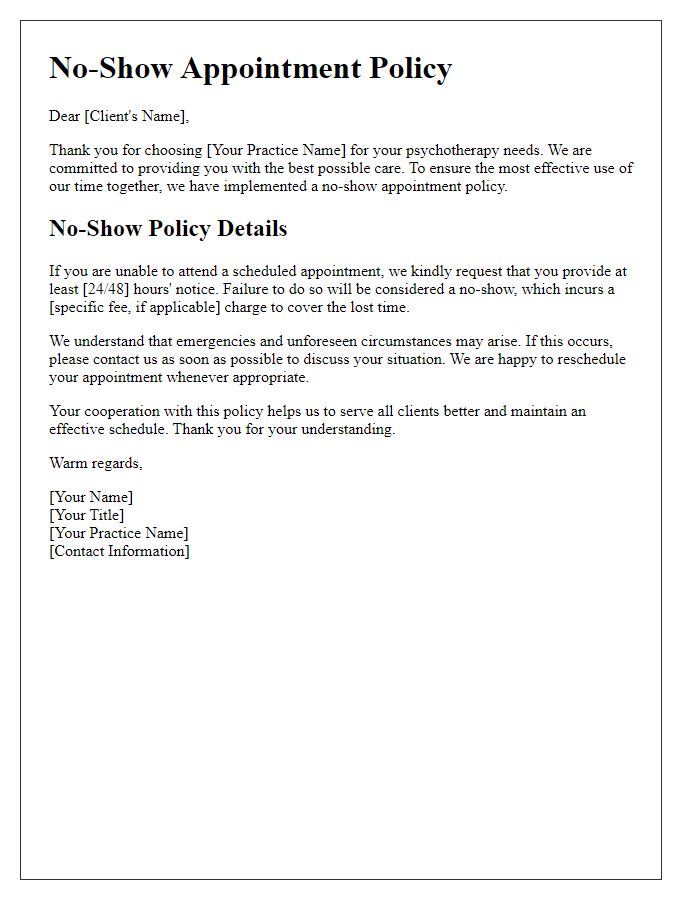 Letter template of no-show appointment policy for psychotherapy sessions