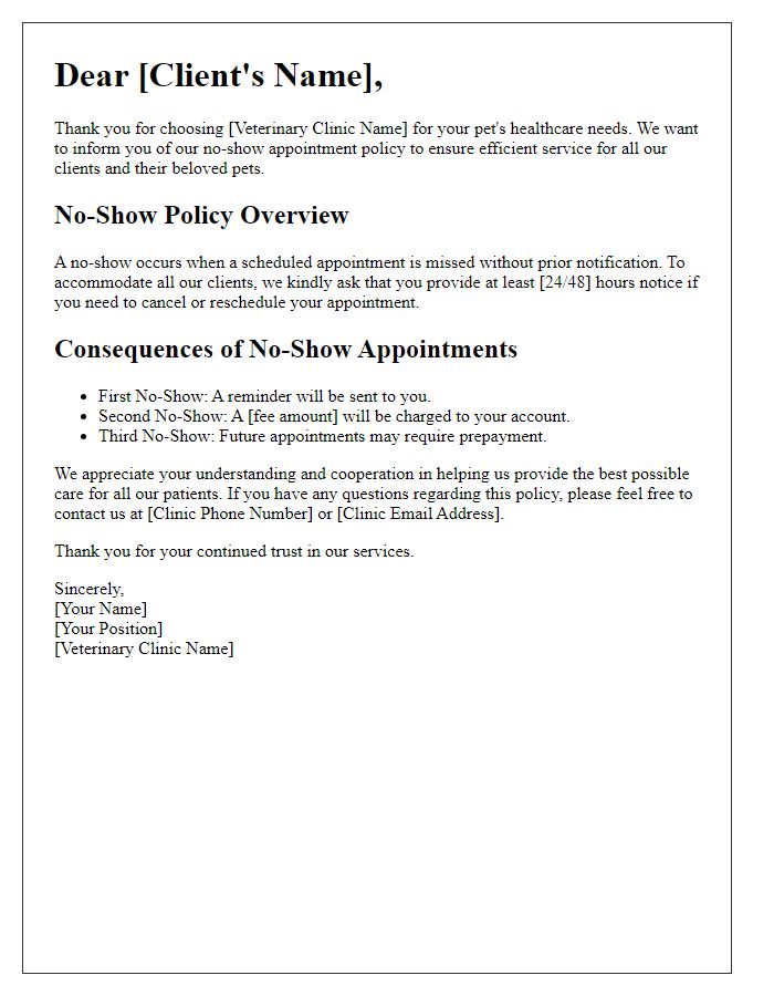 Letter template of no-show appointment policy for veterinary services