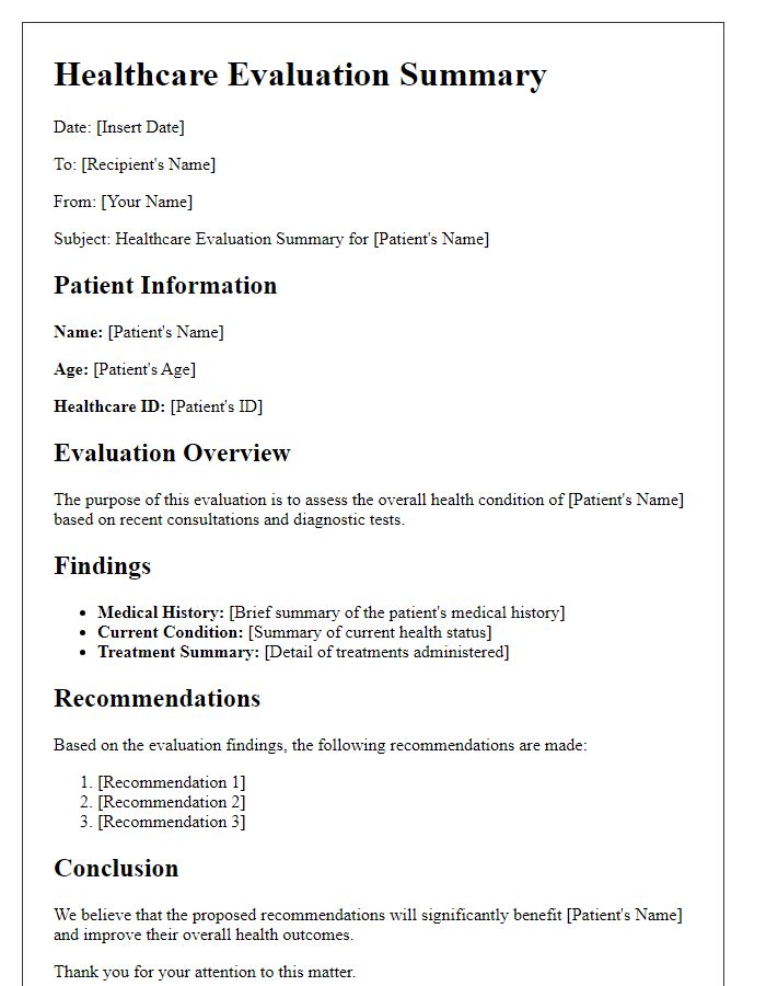 Letter template of healthcare evaluation summary