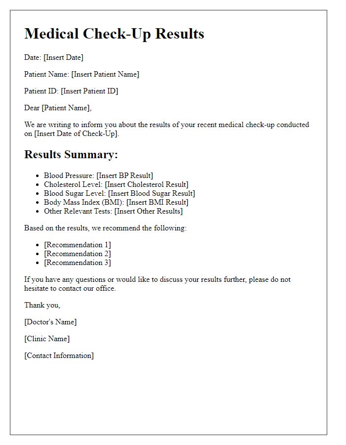 Letter template of medical check-up results