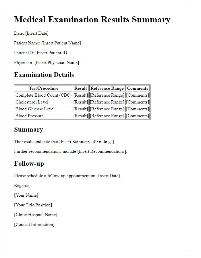 Letter template of medical examination results summary