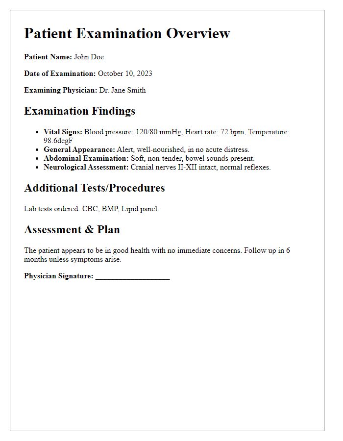 Letter template of patient examination overview