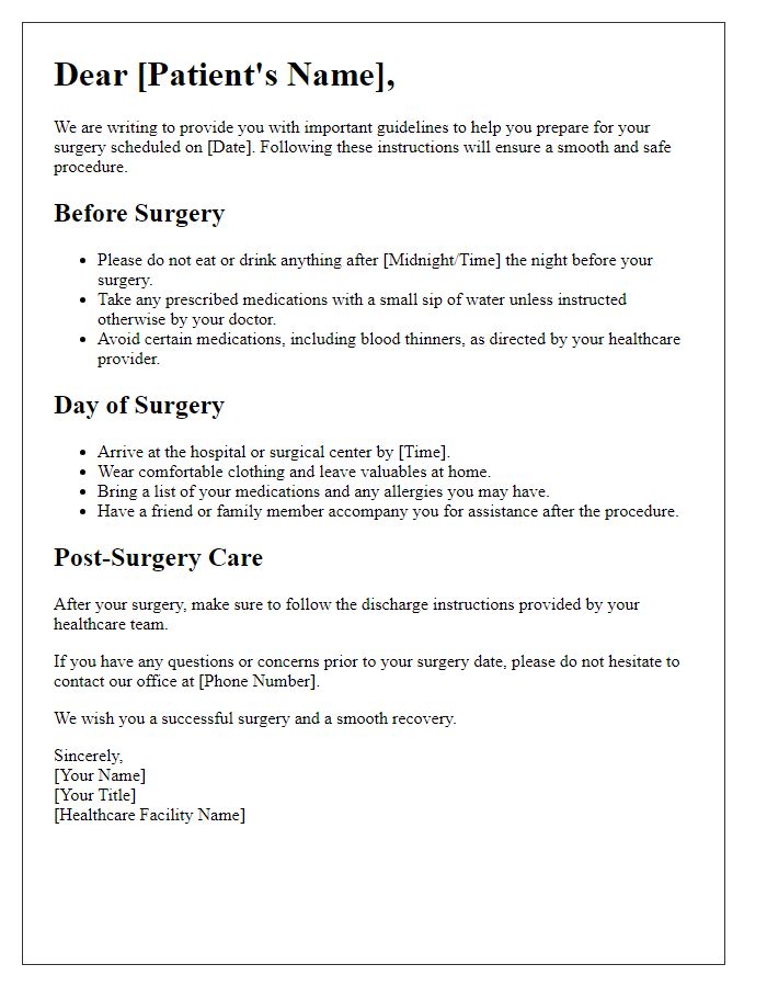 Letter template of guidelines for surgery day preparation