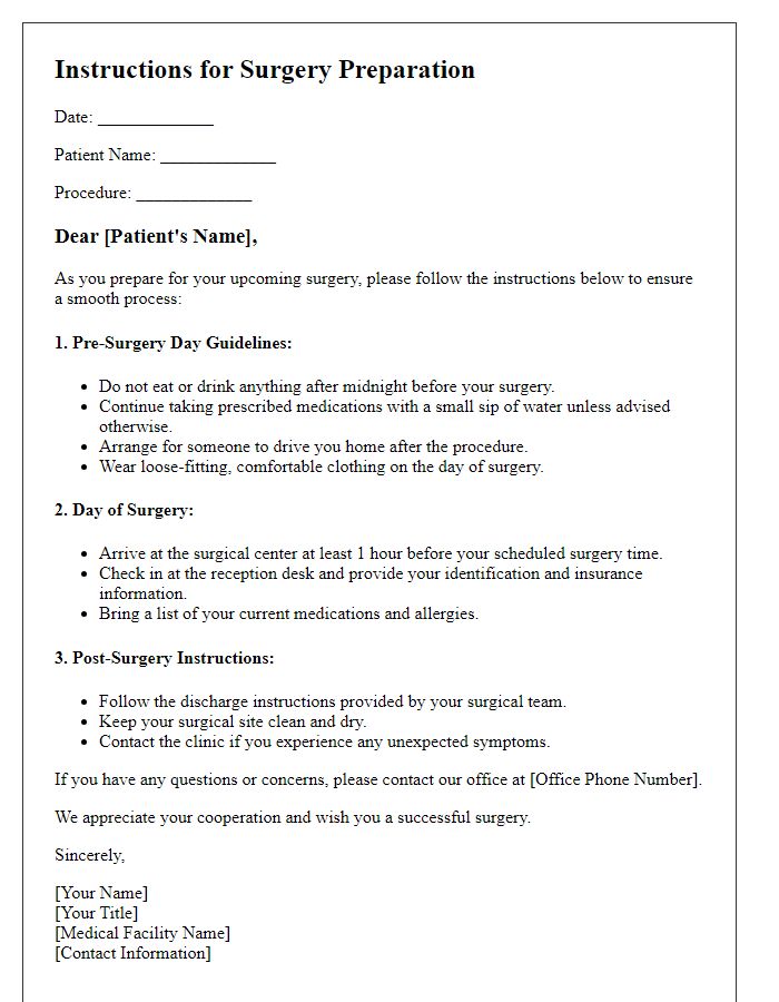 Letter template of instructions for surgery prep