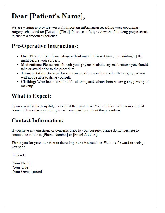 Letter template of patient prep for upcoming surgery