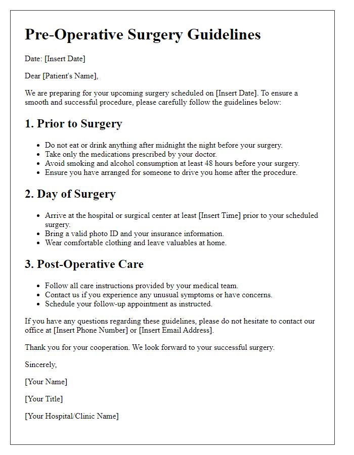 Letter template of pre-operative surgery guidelines