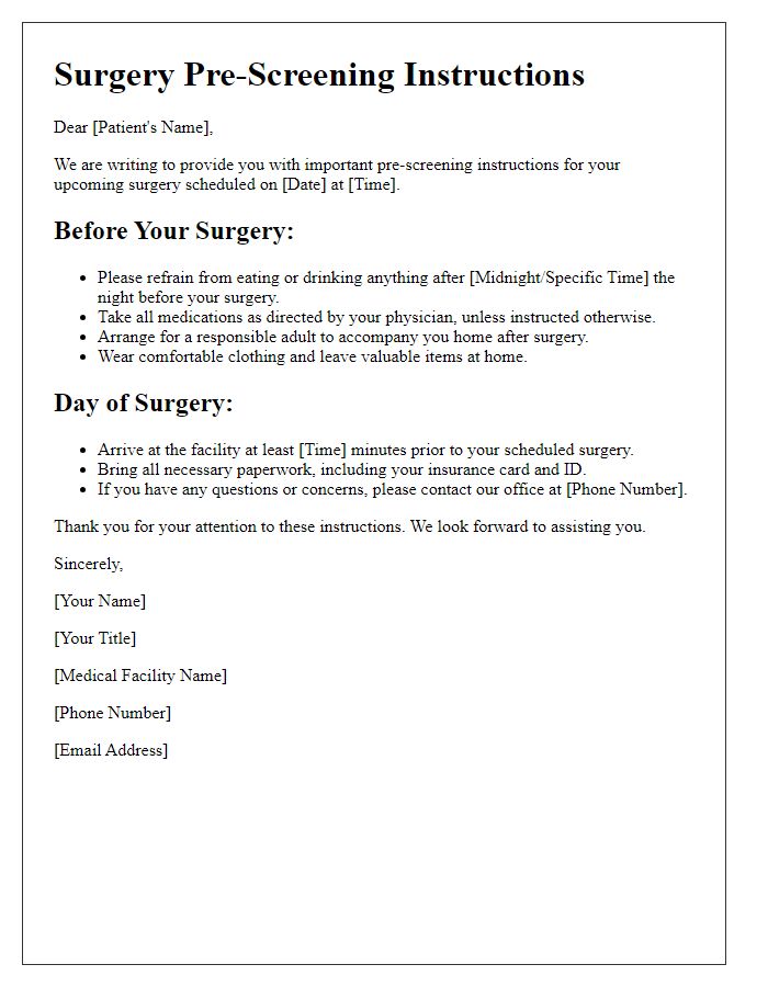 Letter template of surgery pre-screening instructions