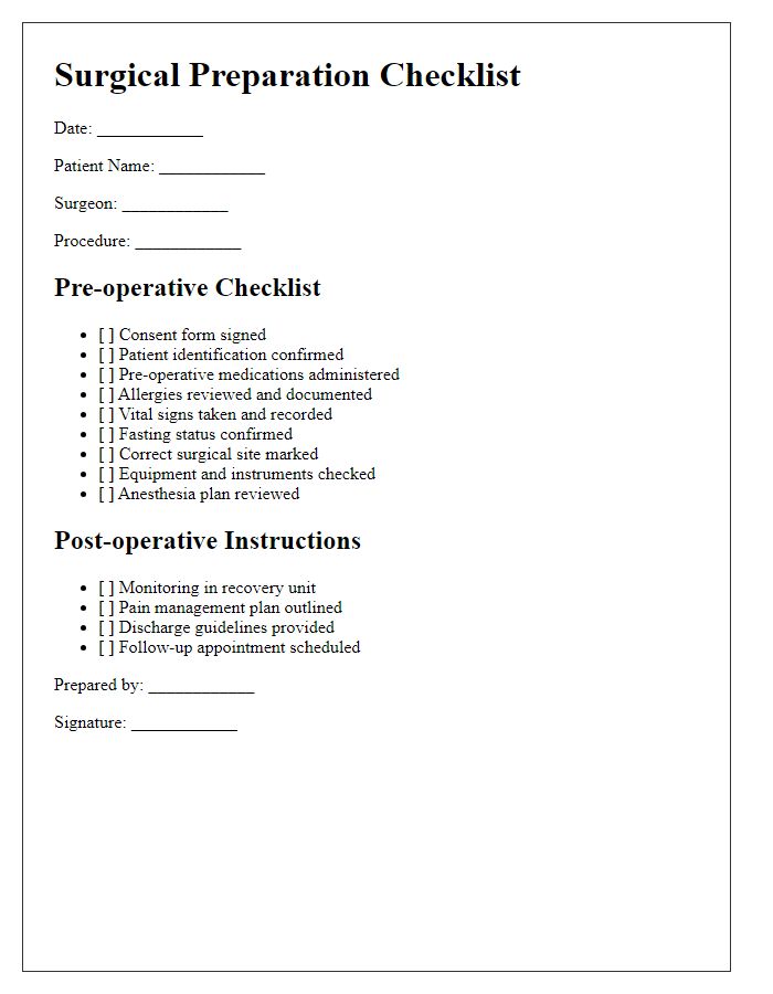 Letter template of surgical preparation checklist