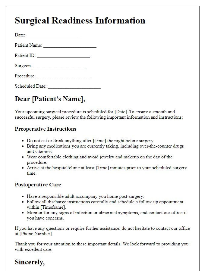 Letter template of surgical readiness information