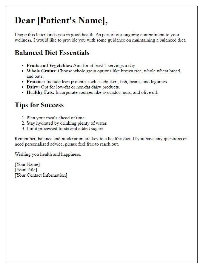 Letter template of balanced diet guidance for patients.