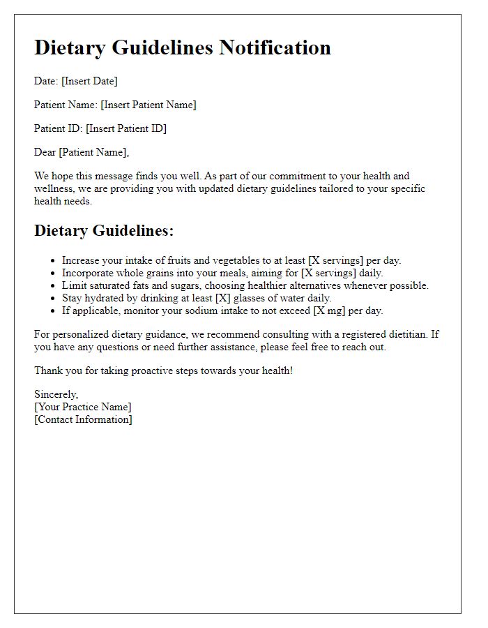 Letter template of dietary guidelines notification for patients.