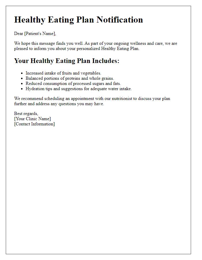 Letter template of healthy eating plan notification for patients.