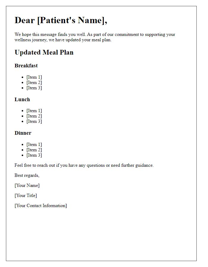 Letter template of meal plan update for patient wellness.